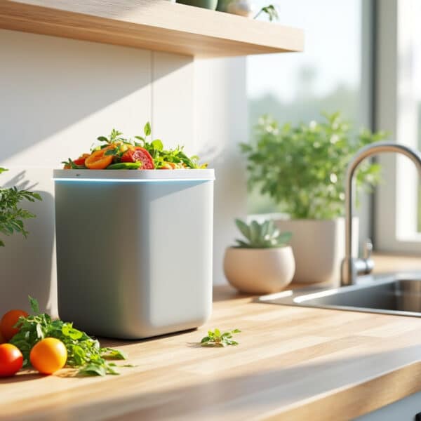 le composteur de cuisine permet de réduire efficacement le volume des poubelles en transformant les déchets organiques en compost nutritif pour le jardin.